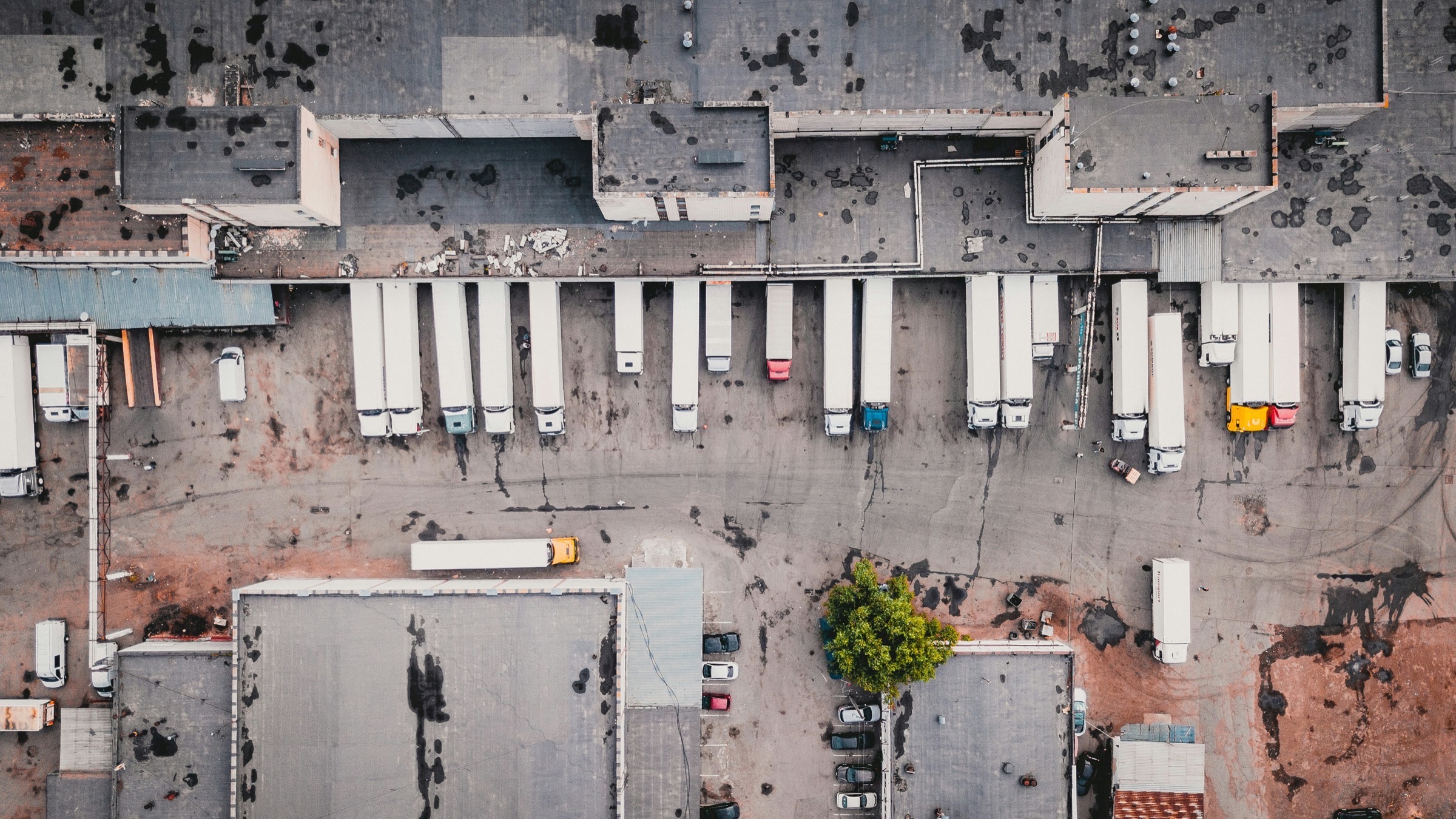 Trailers backed into a run of dock doors, seen from above