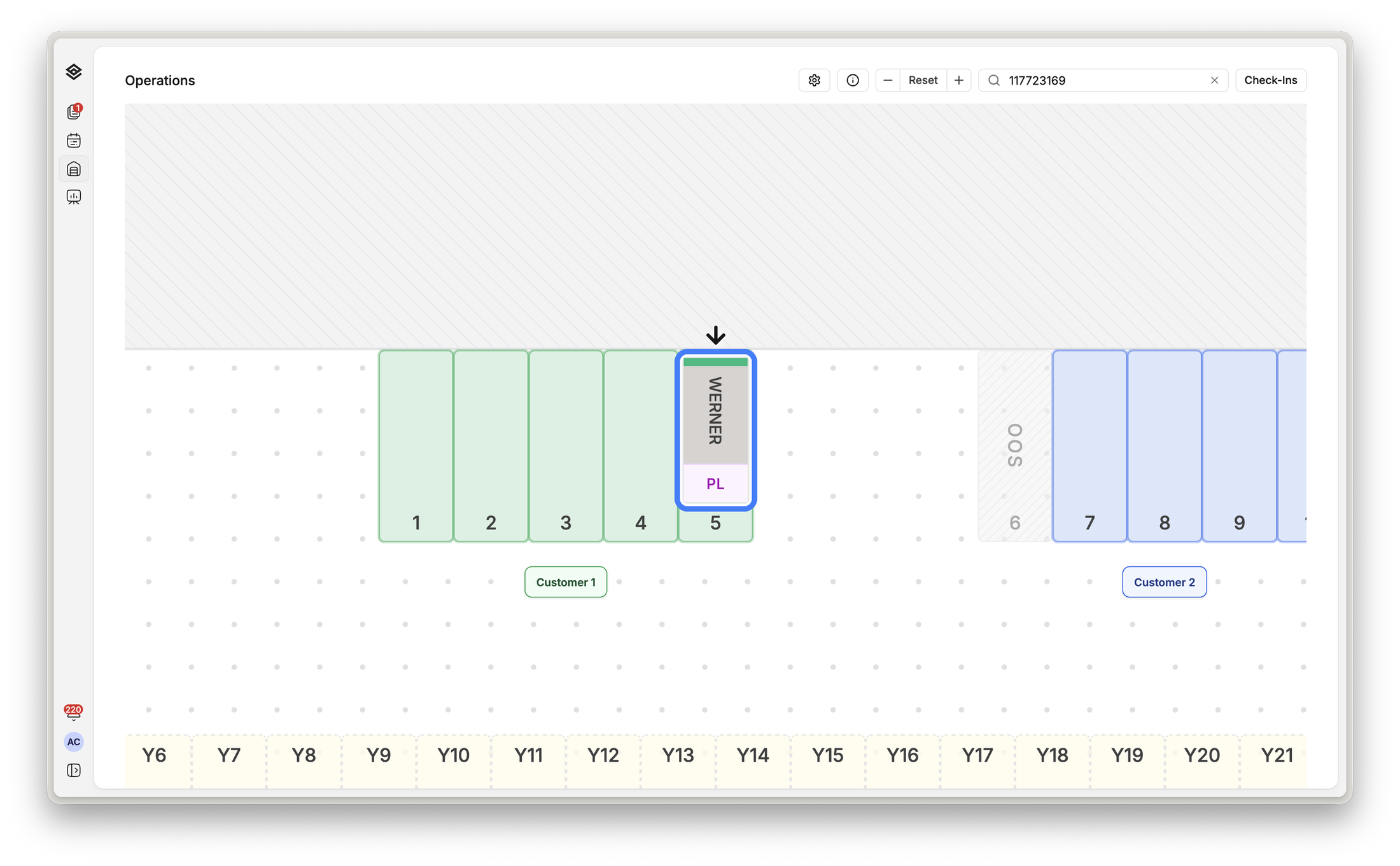 A trailer number typed into Movo search, with the map zoomed to the matching trailer at a door