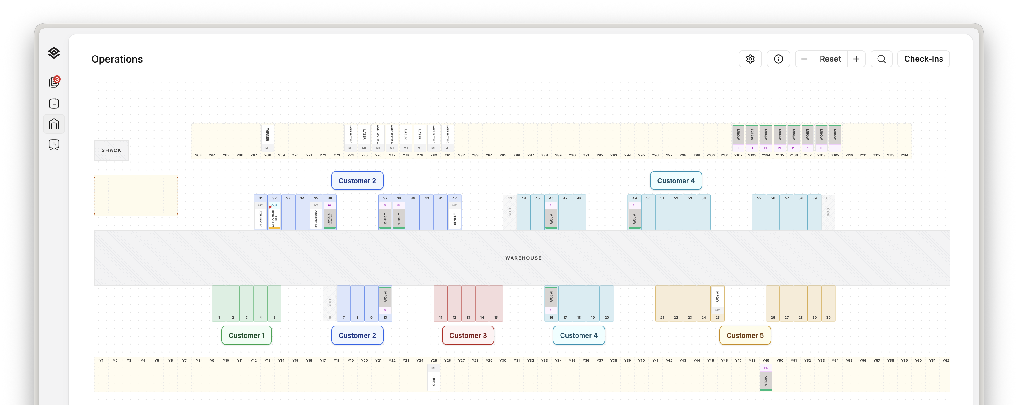 A Movo yard map with warehouse doors, trailer spots and account zones
