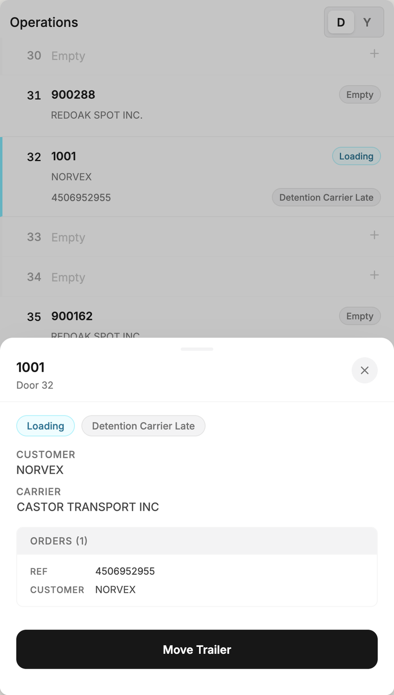 A trailer sheet open over the Movo door list on a phone, with its account, carrier, and a move trailer button