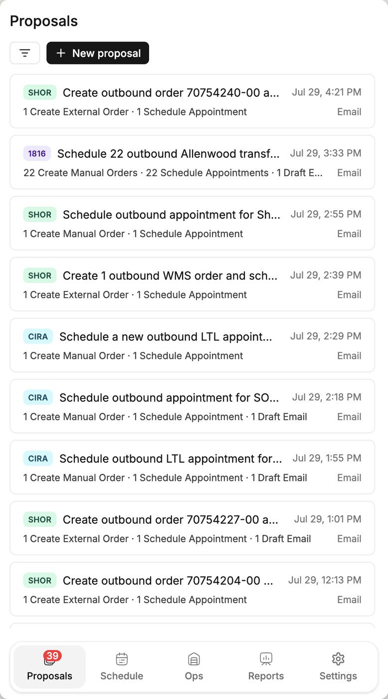 Conductor’s proposal queue on a phone, each draft showing its account and what it will create