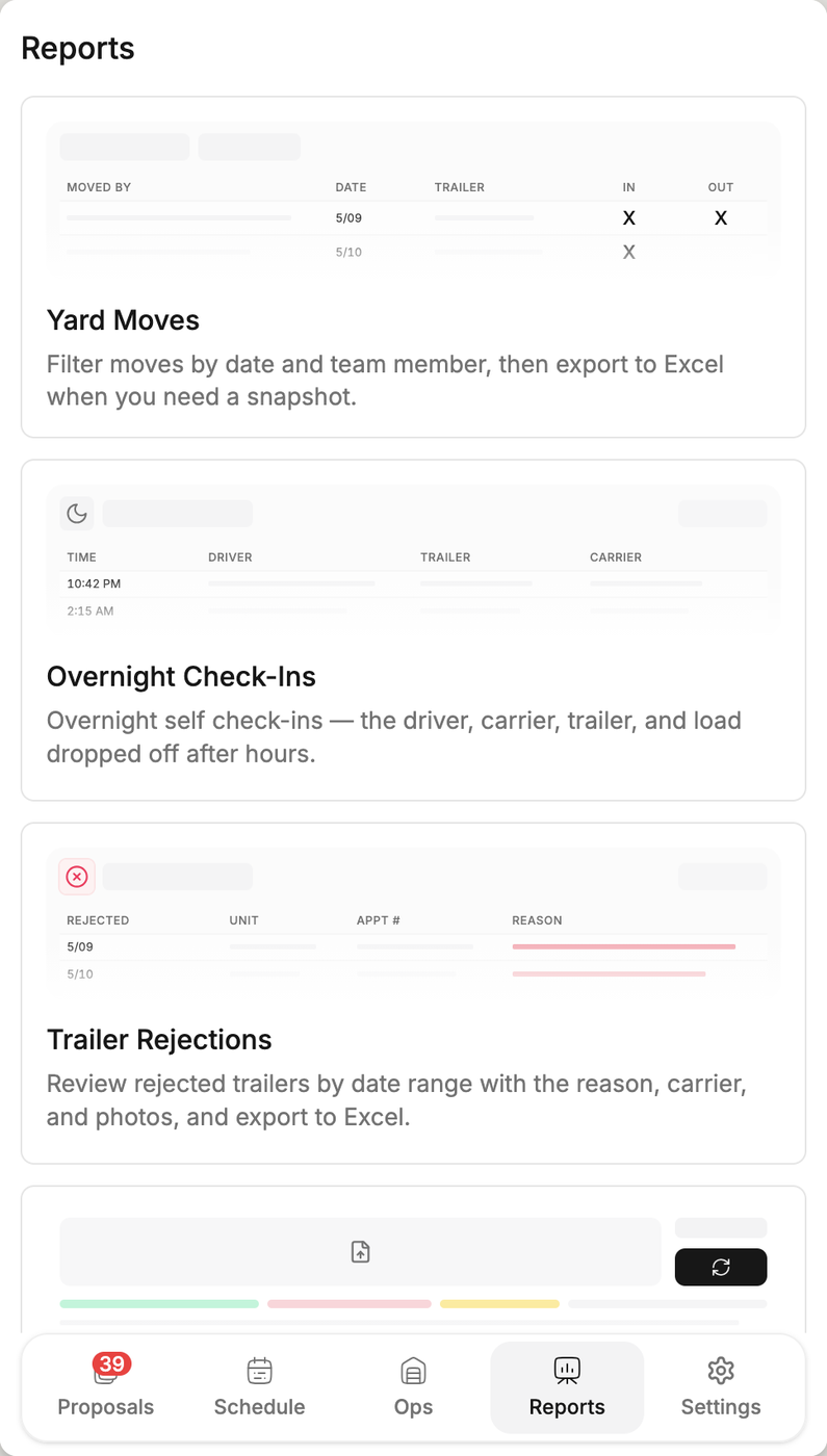 The Movo reports list on a phone, each report with a preview and an export