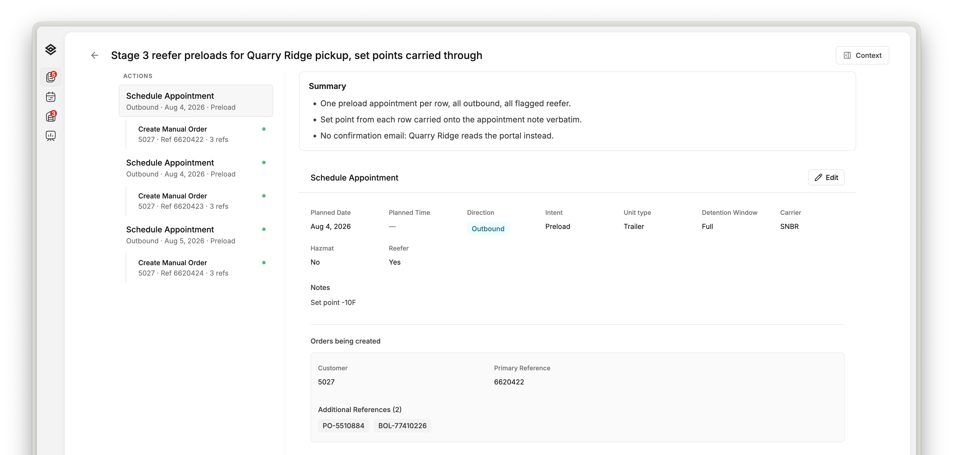 A Movo proposal showing the customer request title, six prepared actions, operating summary, and selected appointment details