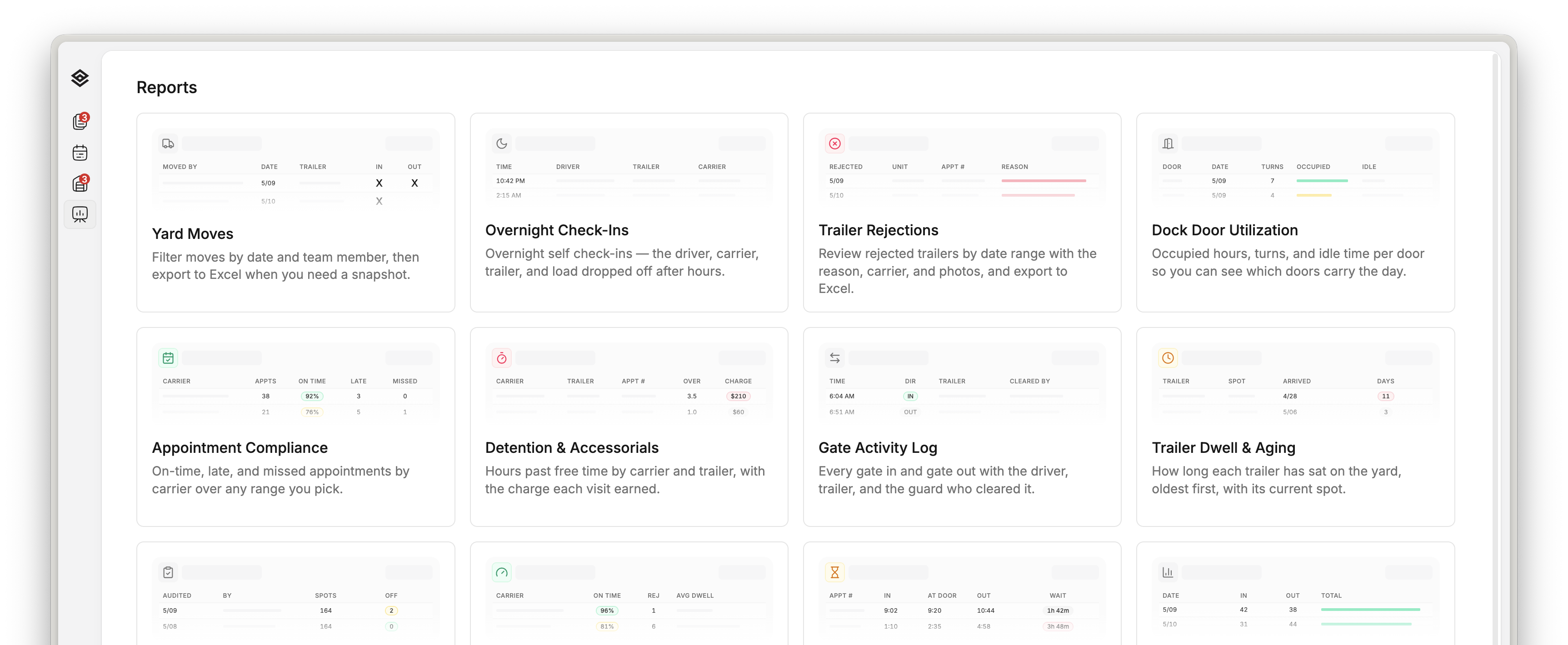 The Movo reports menu, each report with a date range and an Excel export