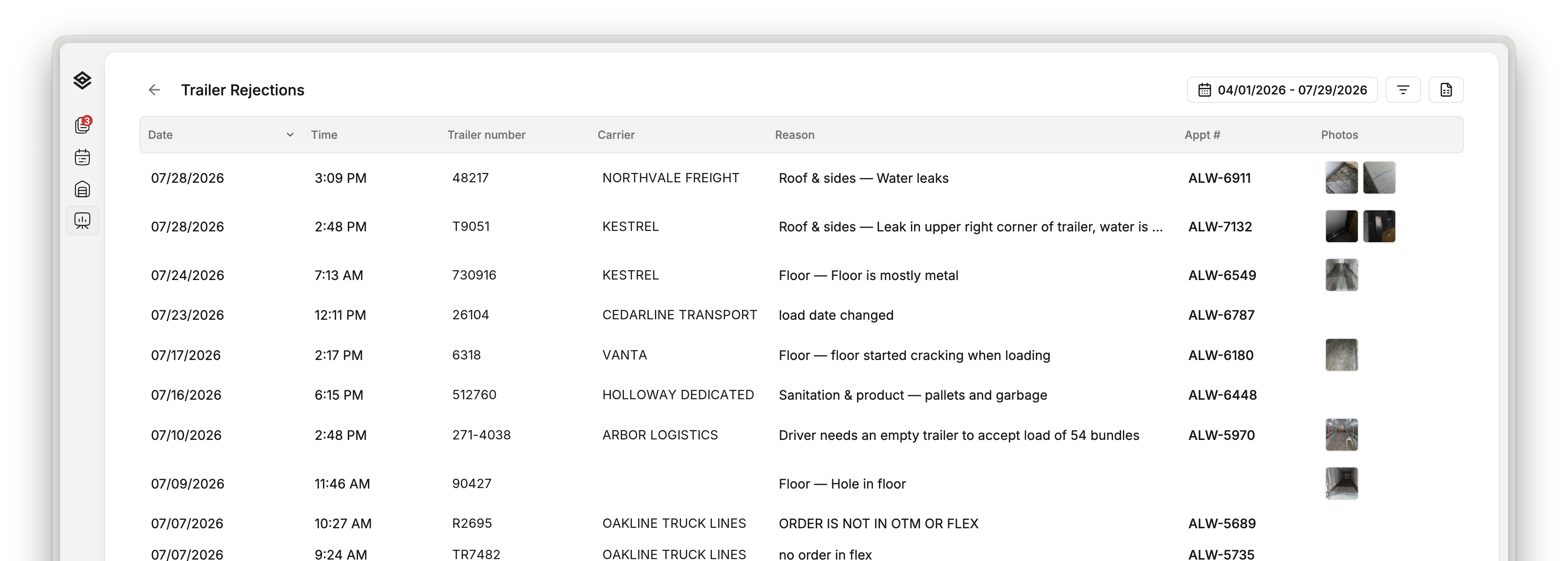 The Movo trailer rejections report, newest first, each row carrying its reason, appointment, and photo evidence
