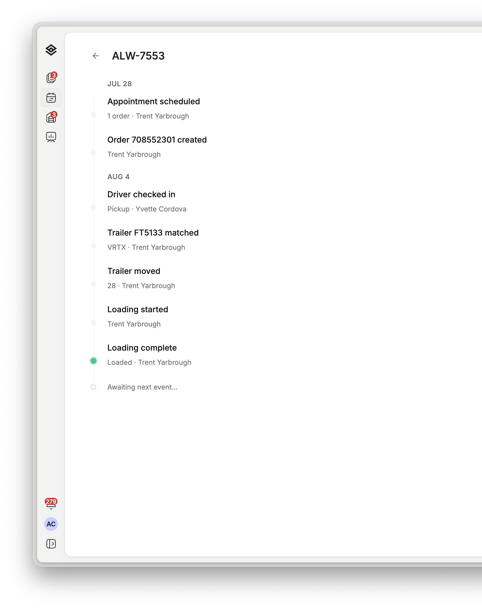 An appointment’s history in Movo, each lifecycle event recorded with its operator and timestamp