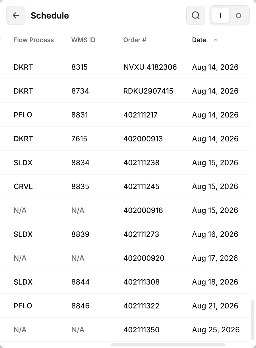 The Movo schedule on the terminal, searchable and sortable across inbound appointments